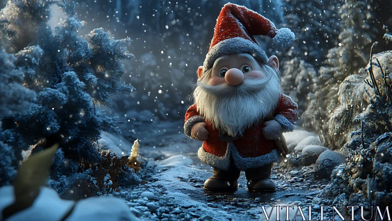 Cute Santa gnome stands on snowy forest path at night