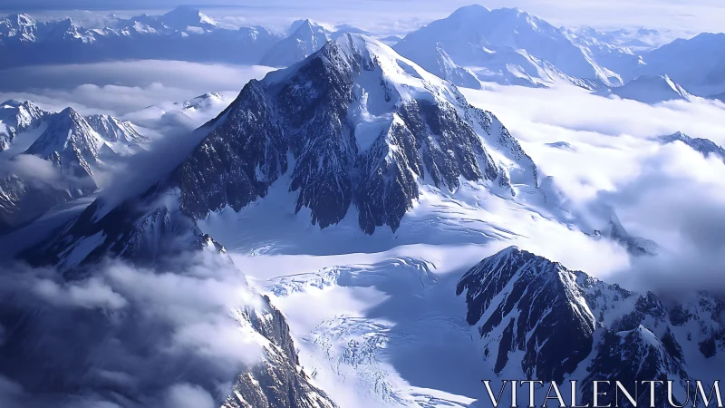 Snow-covered alpine peak within layered cloud bands.