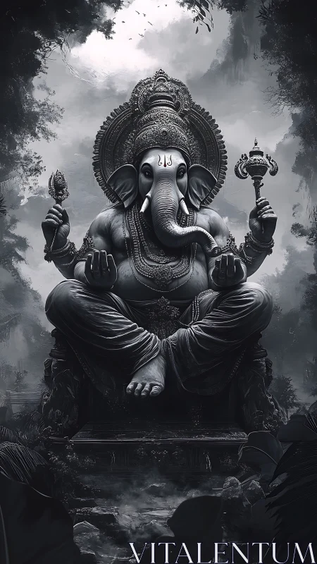 Monochrome forest deity holds quiet thunder in the mist.