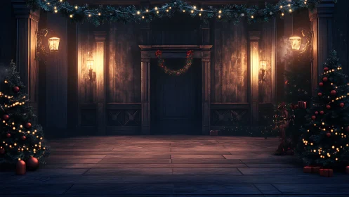 Warmly illuminated wooden hall frames symmetrical festive entry