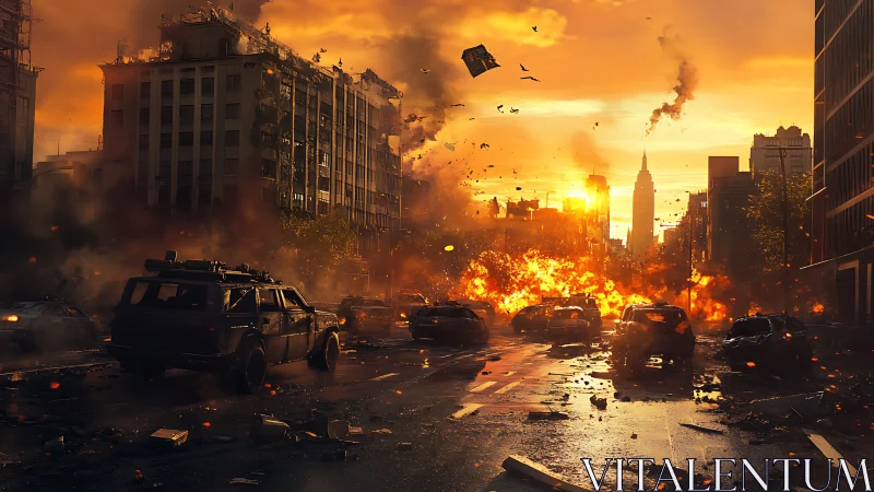 Fiery city street captures a tense escape at blazing sunset