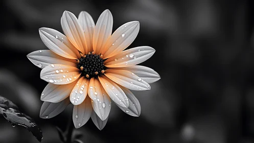 Orange and white daisy with water droplets on dark background.