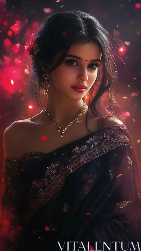 Digital portrait of woman in dark saree with floral bokeh.