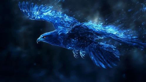Digital painting of luminous blue cosmic eagle in motion flight.