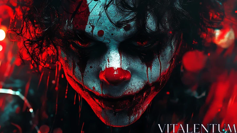 Bloodlit clown visage leans from the dark with feral focus