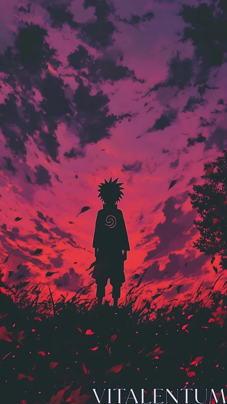 Silhouette kid drinks in a storm of crimson falling sky