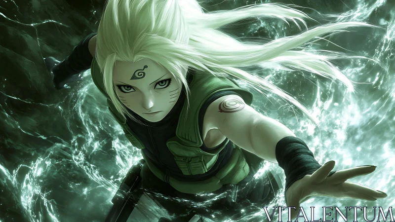 White haired ninja surges through swirling green energy torrent