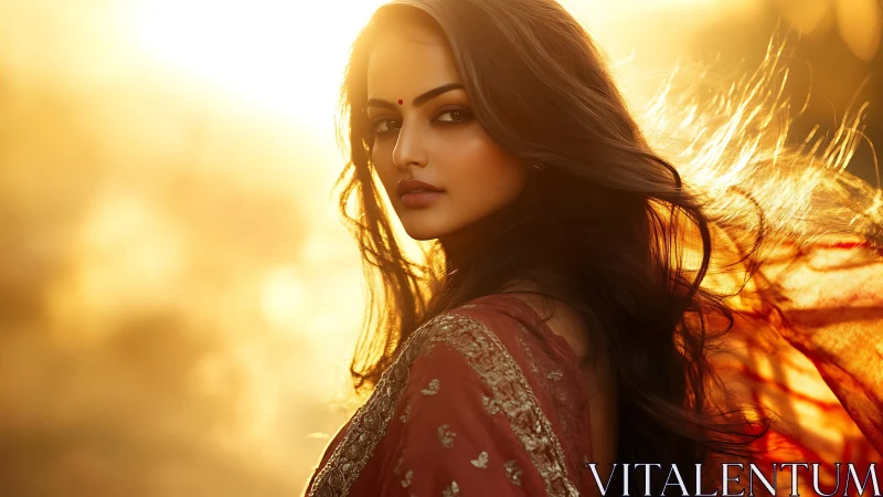 Woman in Traditional Saree with Flowing Hair at Golden Sunset.