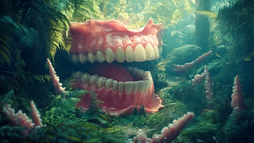 Giant denture jaws emerging among dense forest plants.