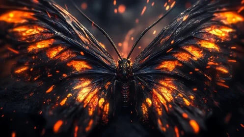 Molten orange butterfly with ember-like wings in darkness.