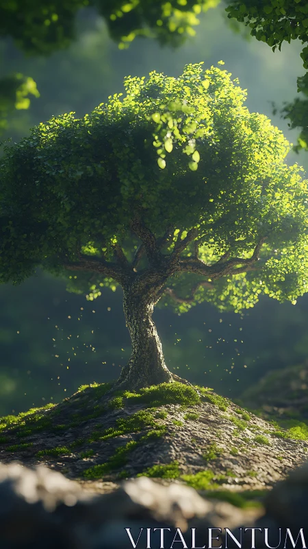 Sunlit lone tree glows softly atop a mossy forest hill