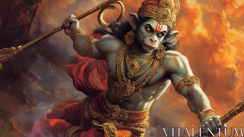 Mythic monkey warrior with mace amid fiery sky backdrop.