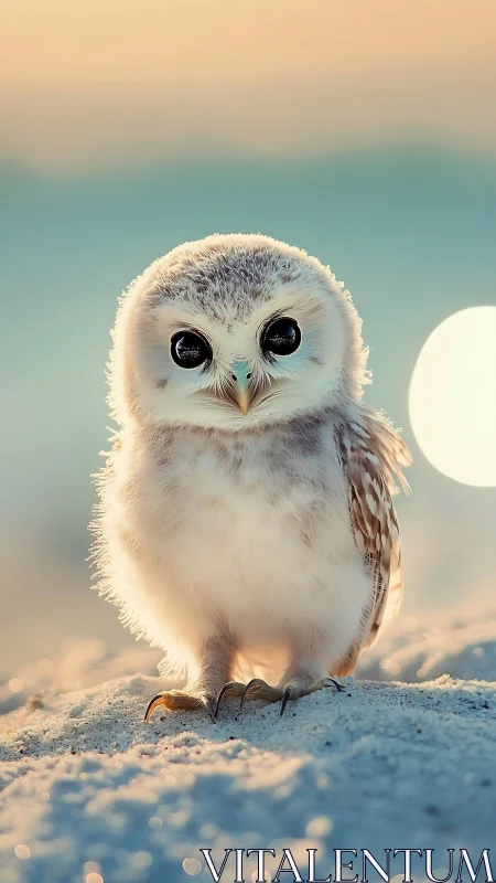Soft sunrise glow wraps a fluffy baby owl in gentle light