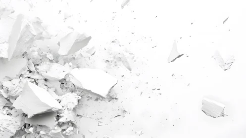 Abstract white plaster debris flying on minimal background.
