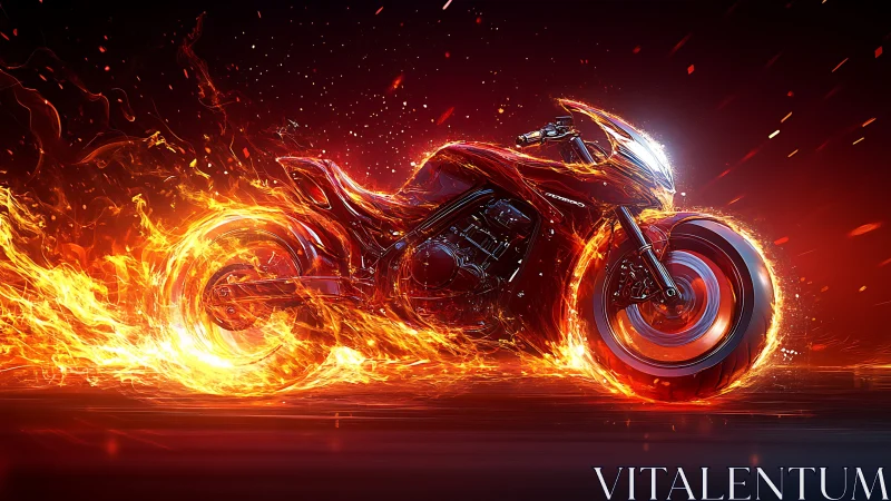 Flaming sport bike racing through incandescent inferno trail.