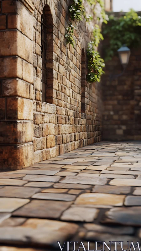 Sunlit stone alley with rustic wall and cobbled path.