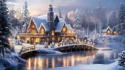 Snowlit riverside chalet glows like a wintertime lantern dream.