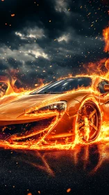 Sports car engulfed in volumetric fire with dynamic particle effects and turbulent sky