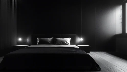 Monochrome minimalist bedroom uses hard contrast and directional light
