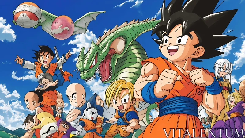 Anime ensemble composition with heroic foreground emphasis.