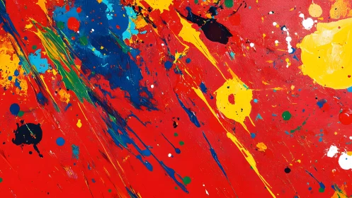 Bold Abstract Painting with Red Background and Vibrant Paint Splatters.