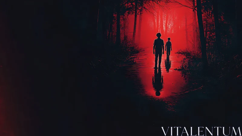 Two silhouetted figures walk through flooded forest path