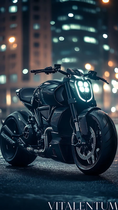 Futuristic black motorcycle waits under neon city lights