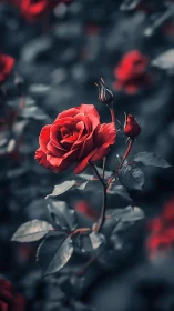 Red Rose Bloom in Moody Garden Setting