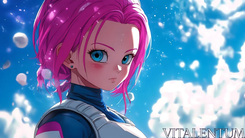 Cel-shaded anime portrait of pink-haired sci-fi heroine under sky.