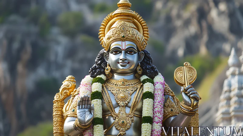 Polychrome Murugan statue with garlands and gold ornamentation