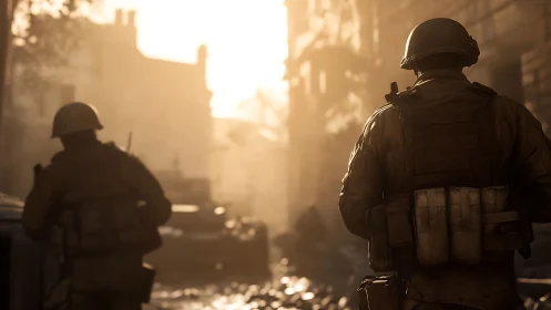 Soldiers advance through sunlit war-torn urban ruins.