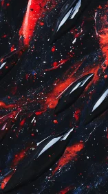 Abstract black forms on red and dark splattered ground.