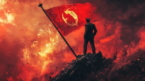 Commander overlooks burning battlefield beneath red banner.