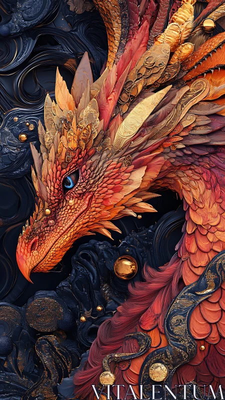 Dragon head rendered in dense red and gold ornamental detail