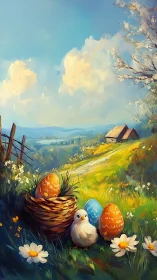 Pastoral spring meadow with chick, nest and painted eggs