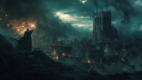 Storm-lit mage watches a dark city burn beneath looming cathedrals