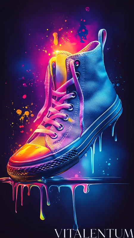 Neon high top sneaker in dripping liquid paint glow.