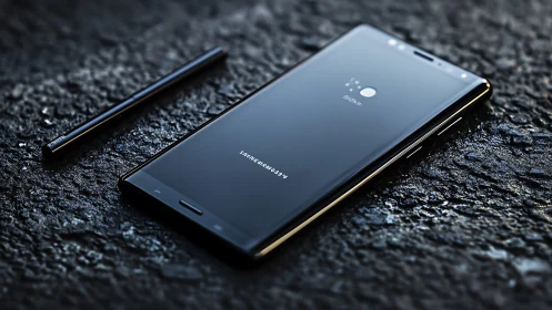 Samsung Galaxy Note with S Pen stylus on textured surface.