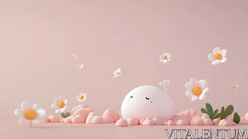 Pastel character rests among floating white daisy blooms.