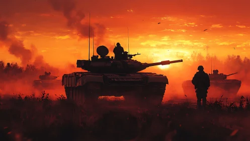 Armored column advancing through dusk battlefield haze.