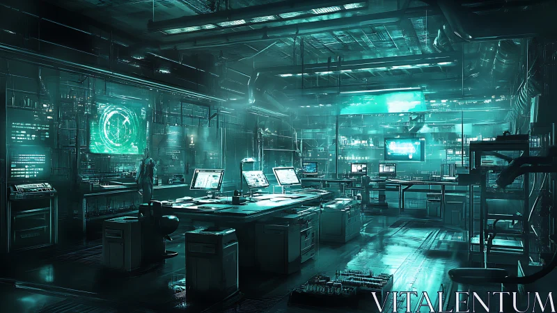 Futuristic cyberpunk laboratory with glowing holograms.