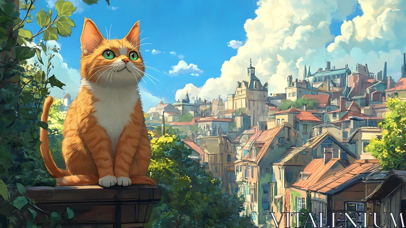 Orange Cat on Platform Overlooking Architectural Cityscape.