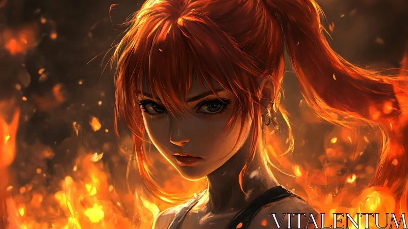 Anime character with glowing red hair surrounded by fire.