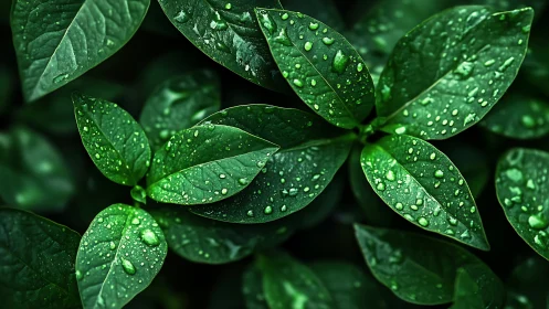 Rain-kissed emerald leaves sparkling in secret garden hush.