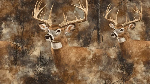 Detailed whitetail buck illustration in mottled forest camo