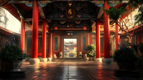 Traditional Chinese courtyard with red columns and plants.