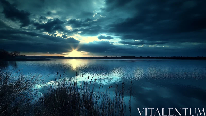 Twilight sun slips under stormy clouds and quiet lake glass