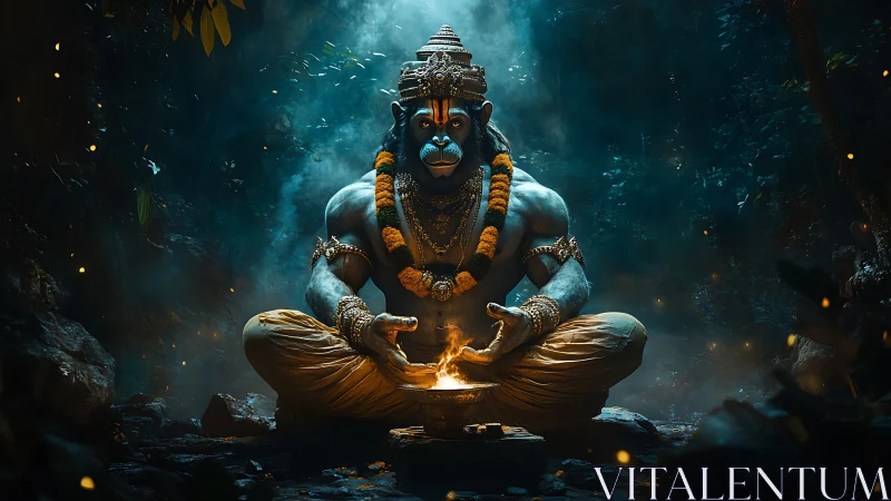 Blue humanoid monkey deity sits cross-legged around fire