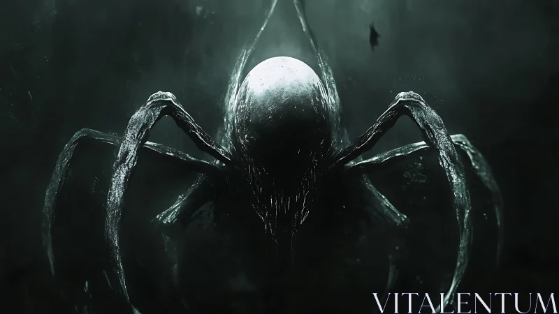 Alien spider-like creature emerges from dark atmospheric void