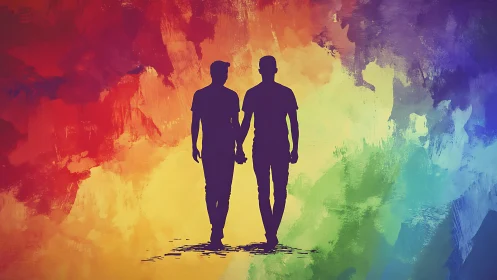 Two Silhouettes Hold Hands Against Chromatic Infinity
